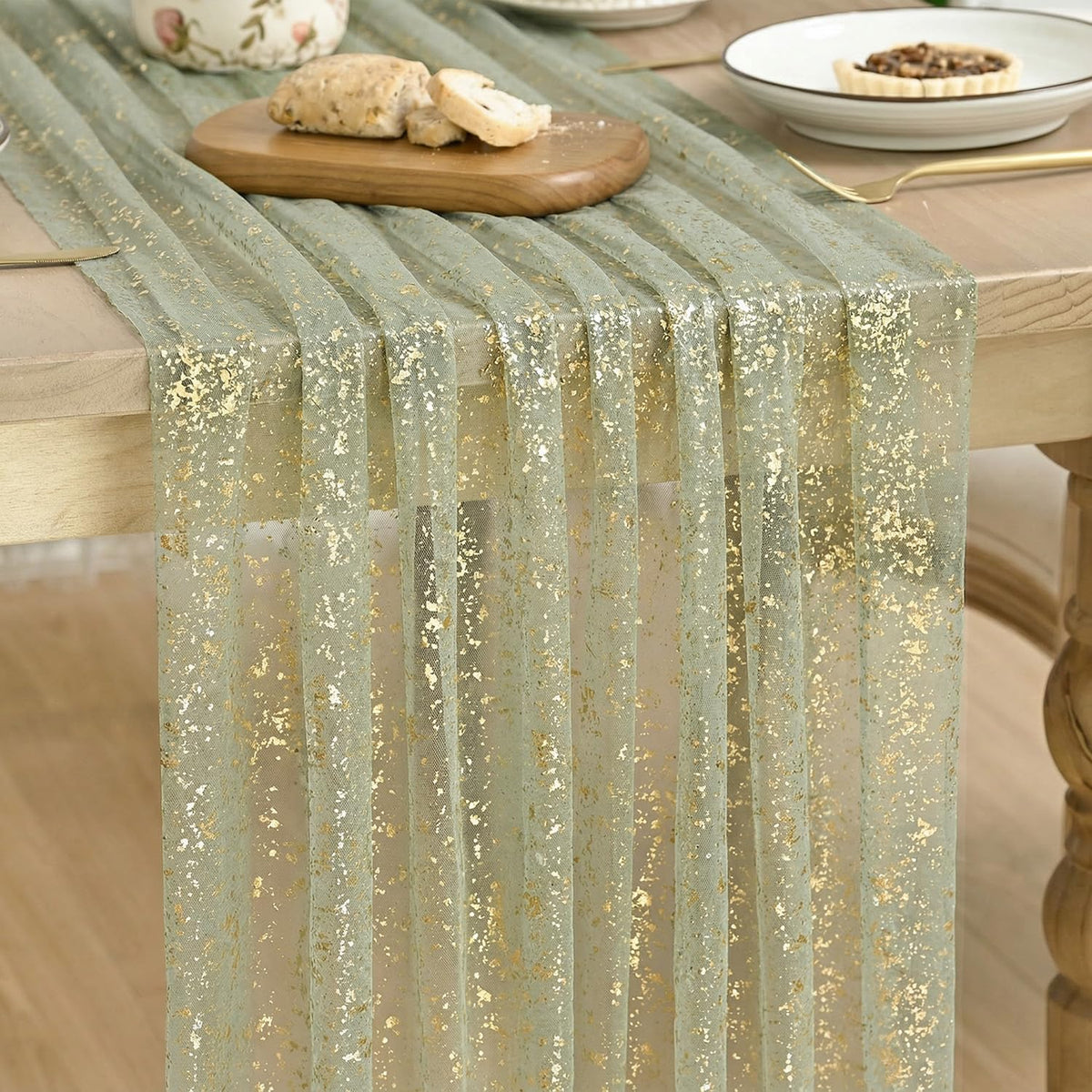 Artoid Mode 6Pcs Beige Gold Gauze Table Runner 120 Inch 10FT, Glitter Metallic Foil Sheer Dining Wedding Anniversary Holiday Birthday Table Decor for Home Party
