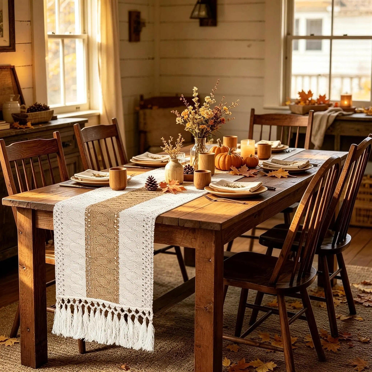 yuboo 36" Boho Macrame Table Runner, Short Cream Coffee Runner, Nightstand