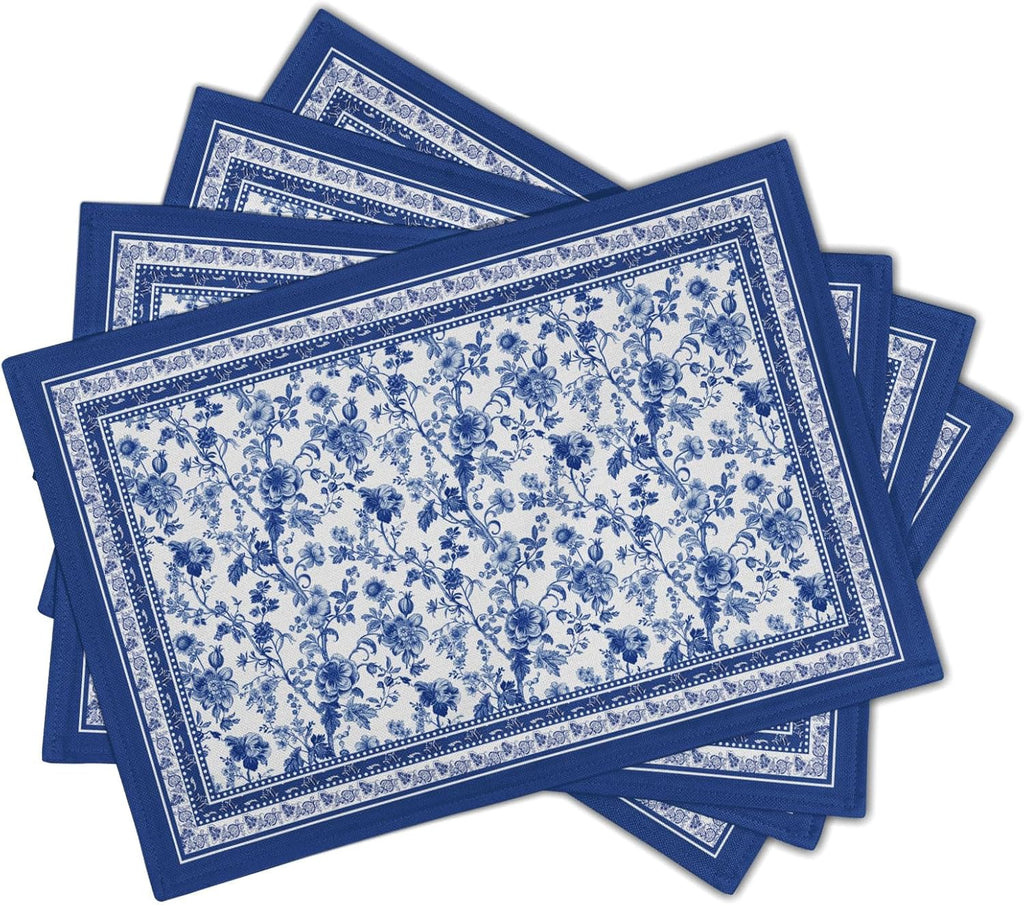 Blue Floral Branches Placemats Set of 4 ，12 x 18 Inch Chinoiserie Table Mats Washable Heat Resistant Linen Fabric Rectangle Place Mat for Indoor Outdoor Kitchen Dining Home Decor