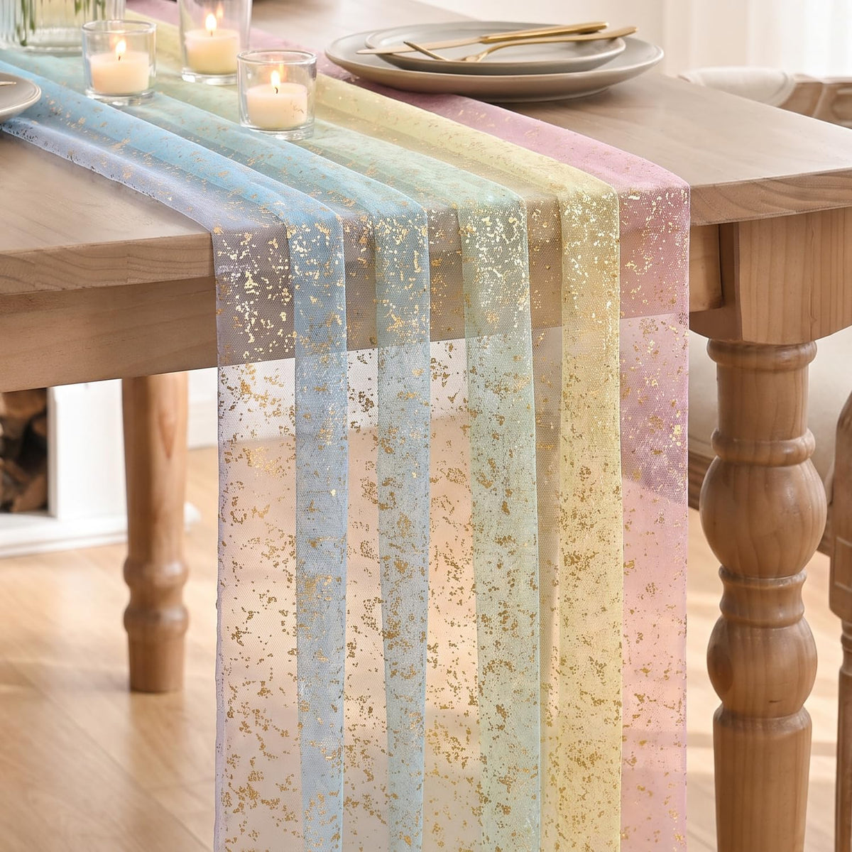 Artoid Mode 6Pcs Beige Gold Gauze Table Runner 120 Inch 10FT, Glitter Metallic Foil Sheer Dining Wedding Anniversary Holiday Birthday Table Decor for Home Party