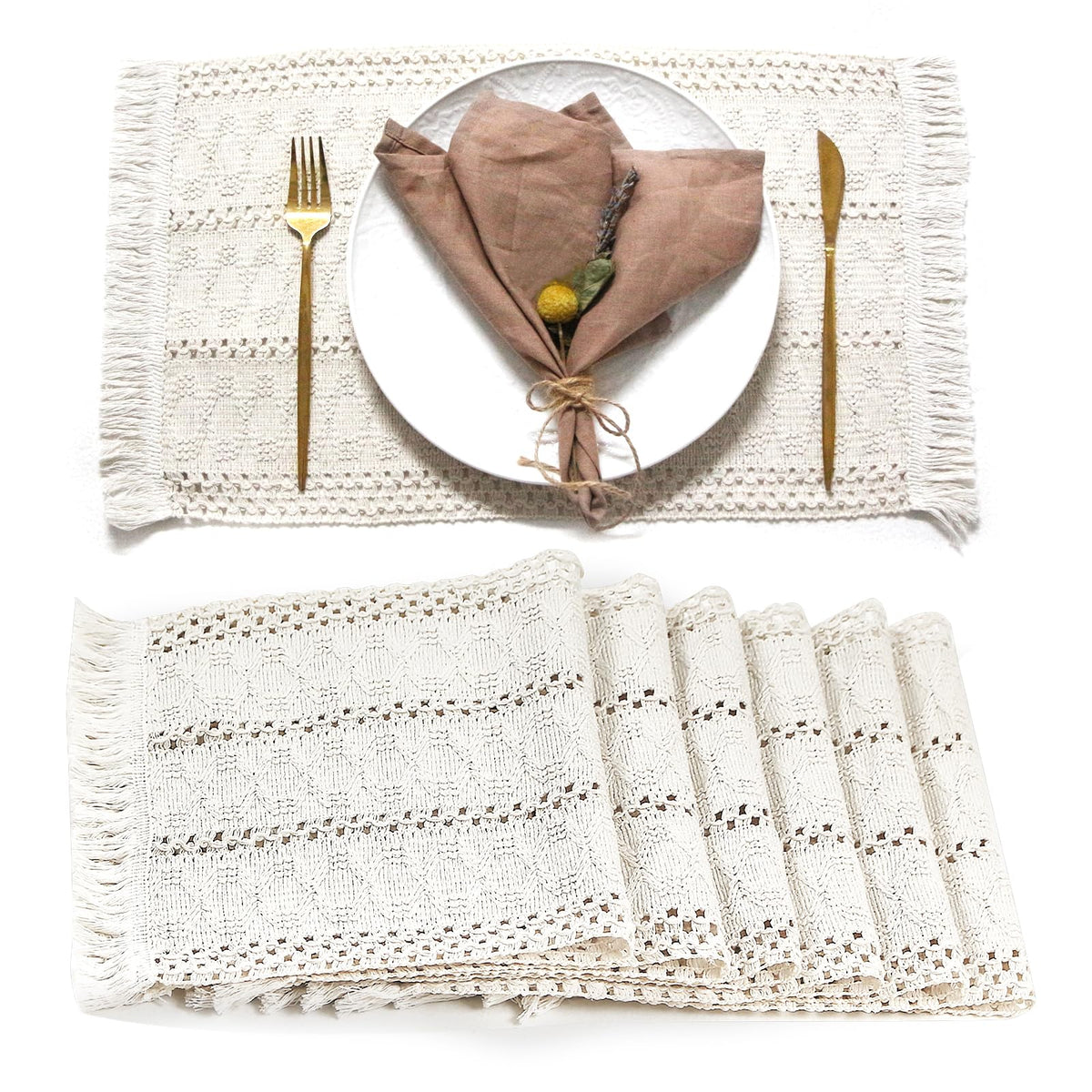 FEXIA Boho Placemats Set of 6, Macrame Table Mats Farmhouse Dining Decor
