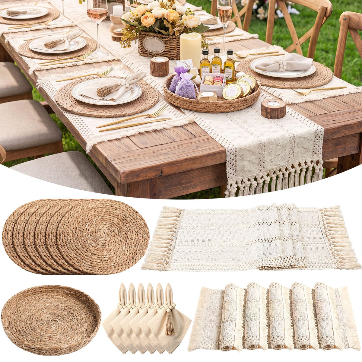 6 Sets Dining Table Decoration Boho Placemat, Khaki, 12x72