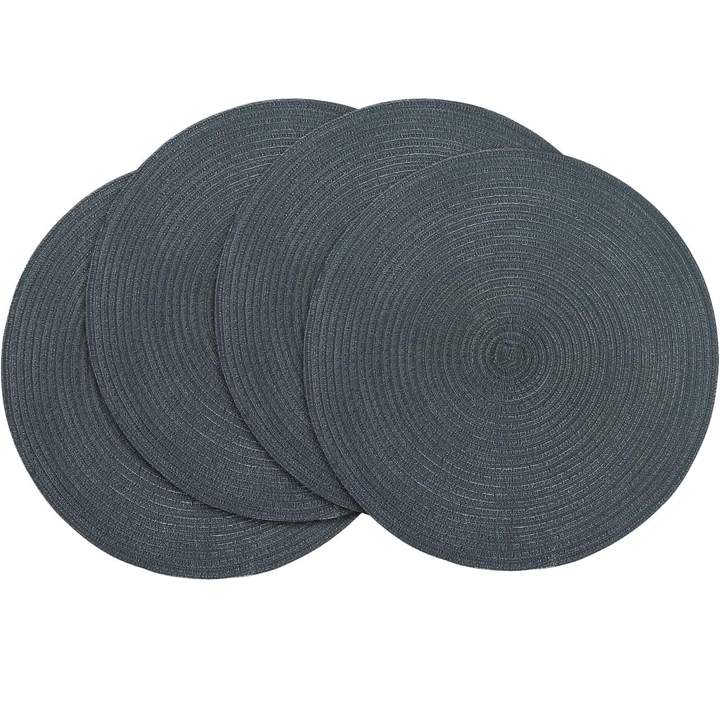Floroom 15 Inch Round Braided Placemats Set of 4, Washable Heat Resistant Cotton Polyester Circle Place Mats for Kitchen Dining Table - Black