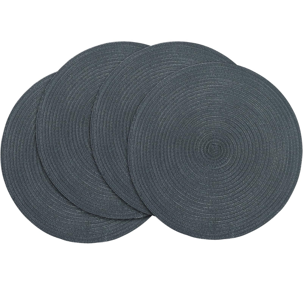 Floroom 15 Inch Round Braided Placemats Set of 4, Washable Heat Resistant Cotton Polyester Circle Place Mats for Kitchen Dining Table - Black