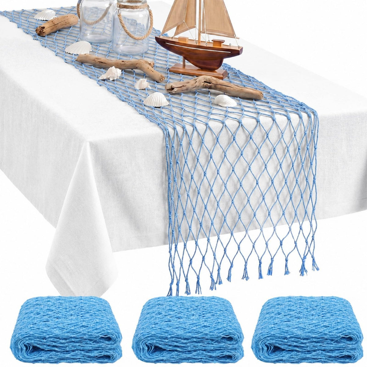 SATINIOR 6 Pcs 12 x 72'' Fishing Net Table Runner Party Decor, Natural