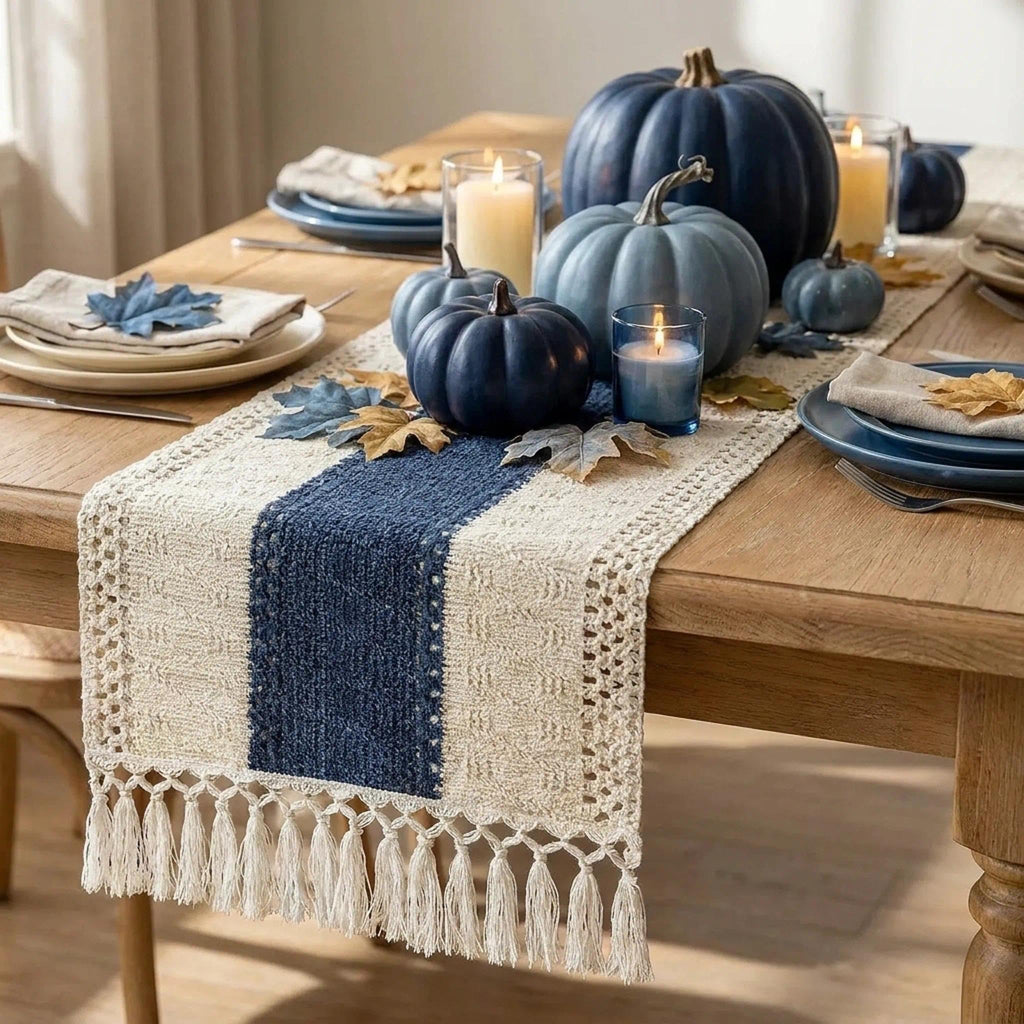 yuboo 36" Boho Macrame Table Runner, Short Cream Coffee Runner, Nightstand