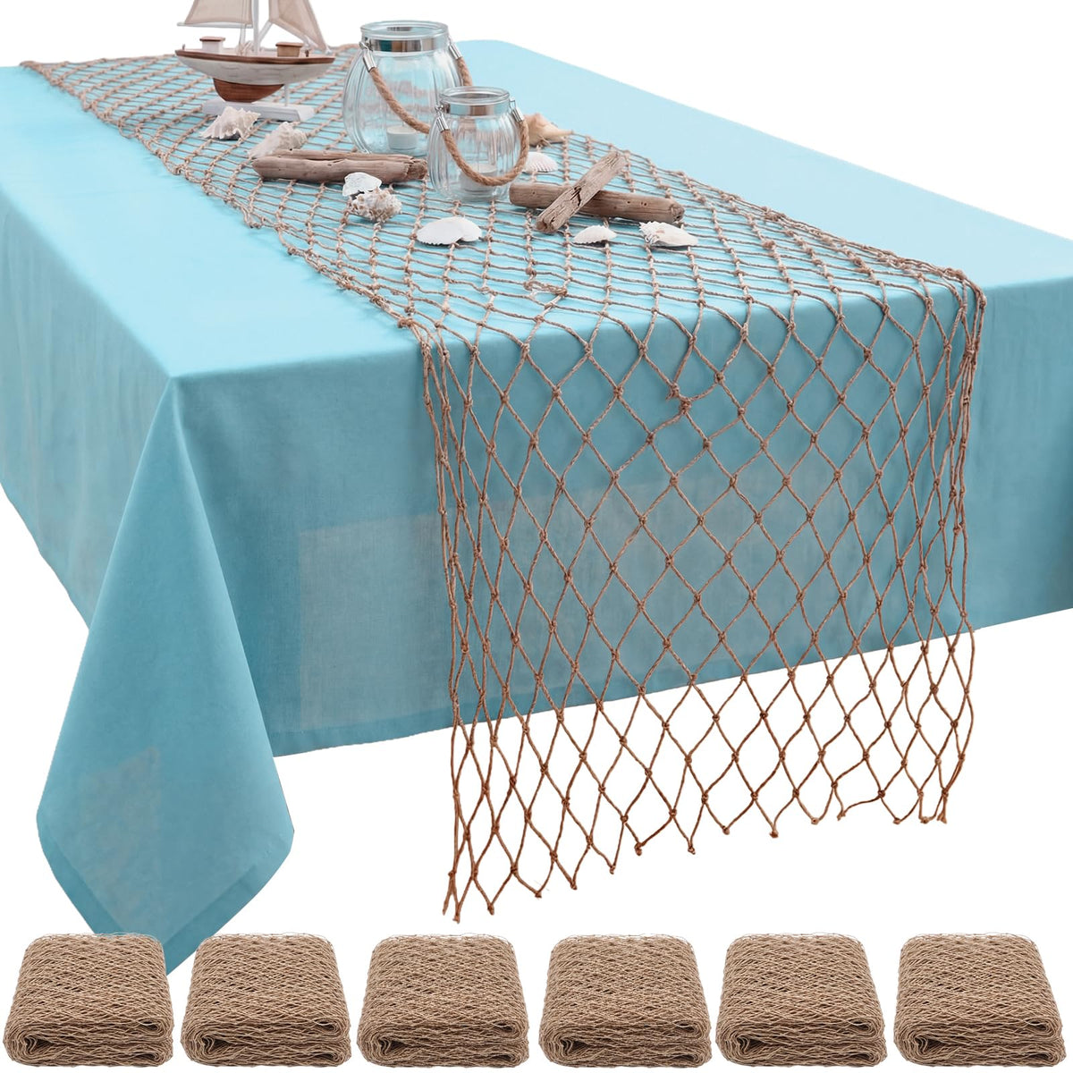 SATINIOR 6 Pcs 12 x 72'' Fishing Net Table Runner Party Decor, Natural