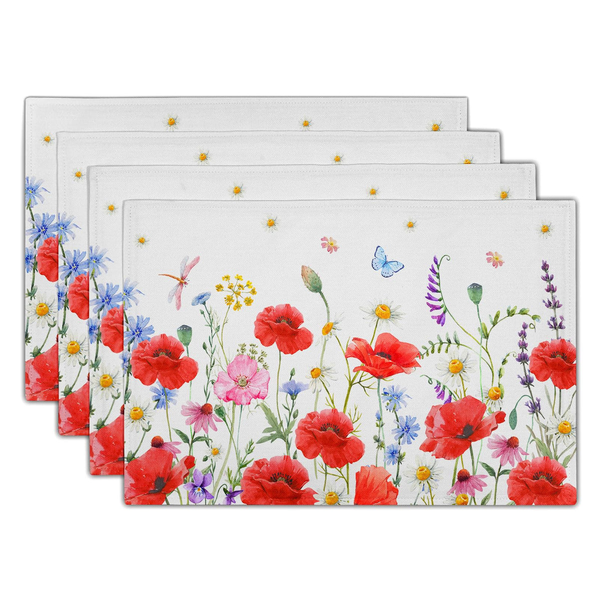 Blue Floral Branches Placemats Set of 4 ，12 x 18 Inch Chinoiserie Table Mats Washable Heat Resistant Linen Fabric Rectangle Place Mat for Indoor Outdoor Kitchen Dining Home Decor