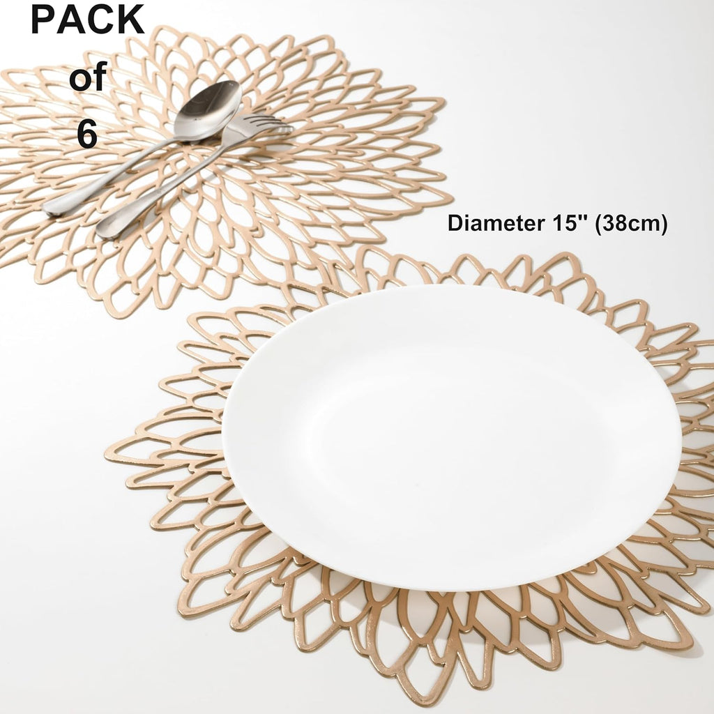 Snowkingdom 6 Pack Gold Placemats Metallic Pressed Vinyl Round Leaf Plastic Dinning Table Place Mats Fancy Decorative for Wedding Christmas Thanksgiving Holiday Spring Outdoor