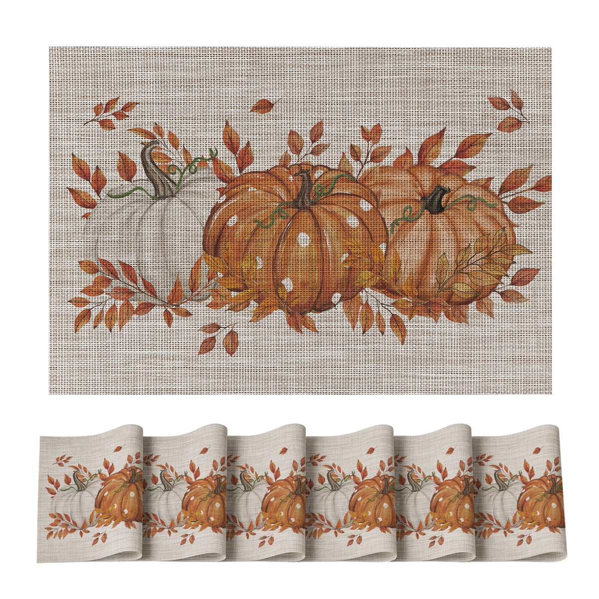Artoid Mode Pumpkins Leaves Fall Vinyl Placemats Set of 4, Wipeable Colorful Printing PVC Place Mats for Party Kitchen Dining Decor, Beige