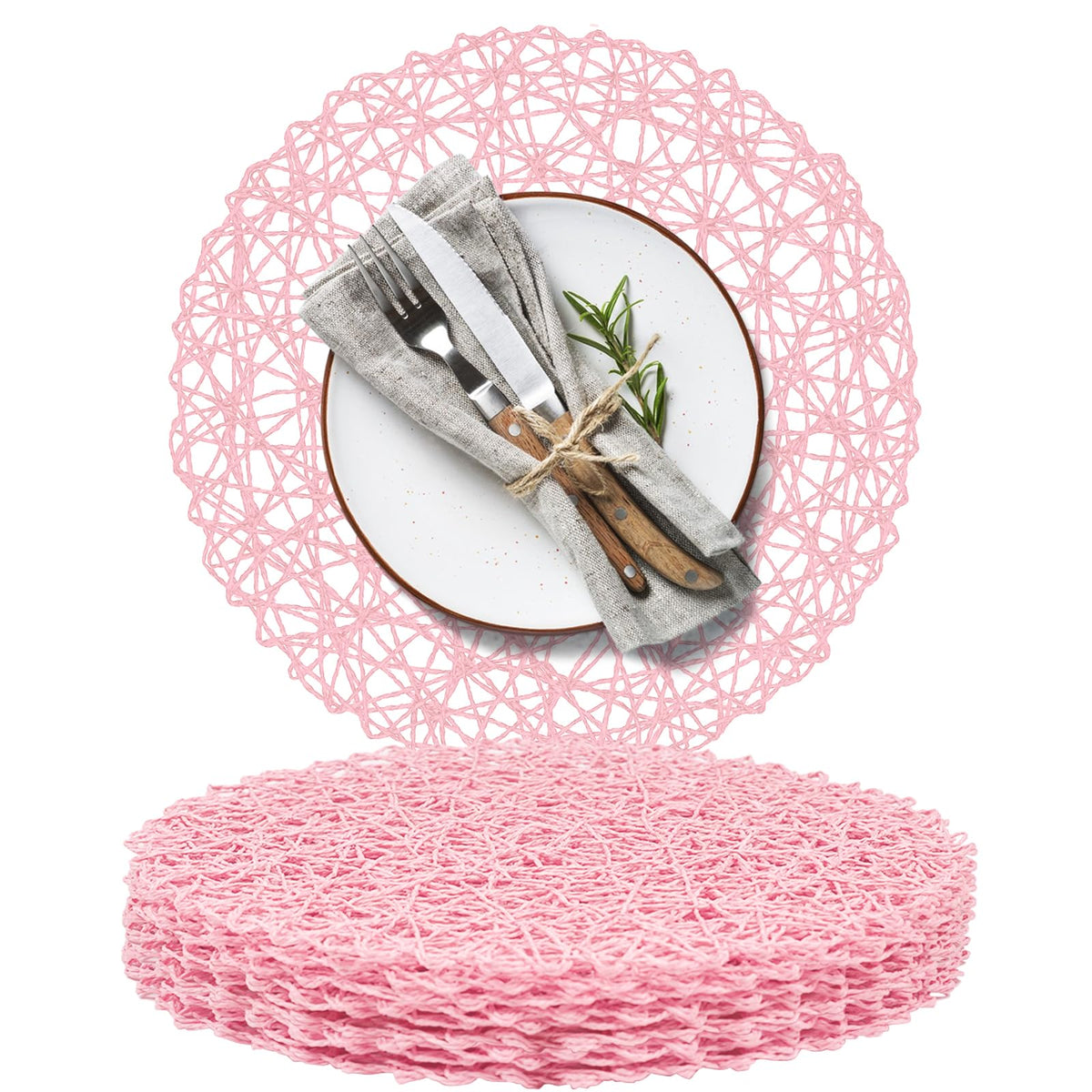AHHFSMEI Paper Braided Round Placemats Set of 12 Natural Non-Slip Heat Resistant Table Mats for Dining Tables Woven Indoor & Outdoor Place mats(Brown,12)