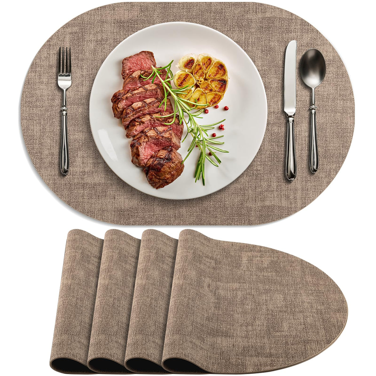 Placemats for Dining Table Set of 8 Non-Slip, Heat Resistant Oval Leather Placemat Double Layer, Waterproof Table Mats Easy to Clean for Kitchen Dining Room Coffee Office Table, Beige