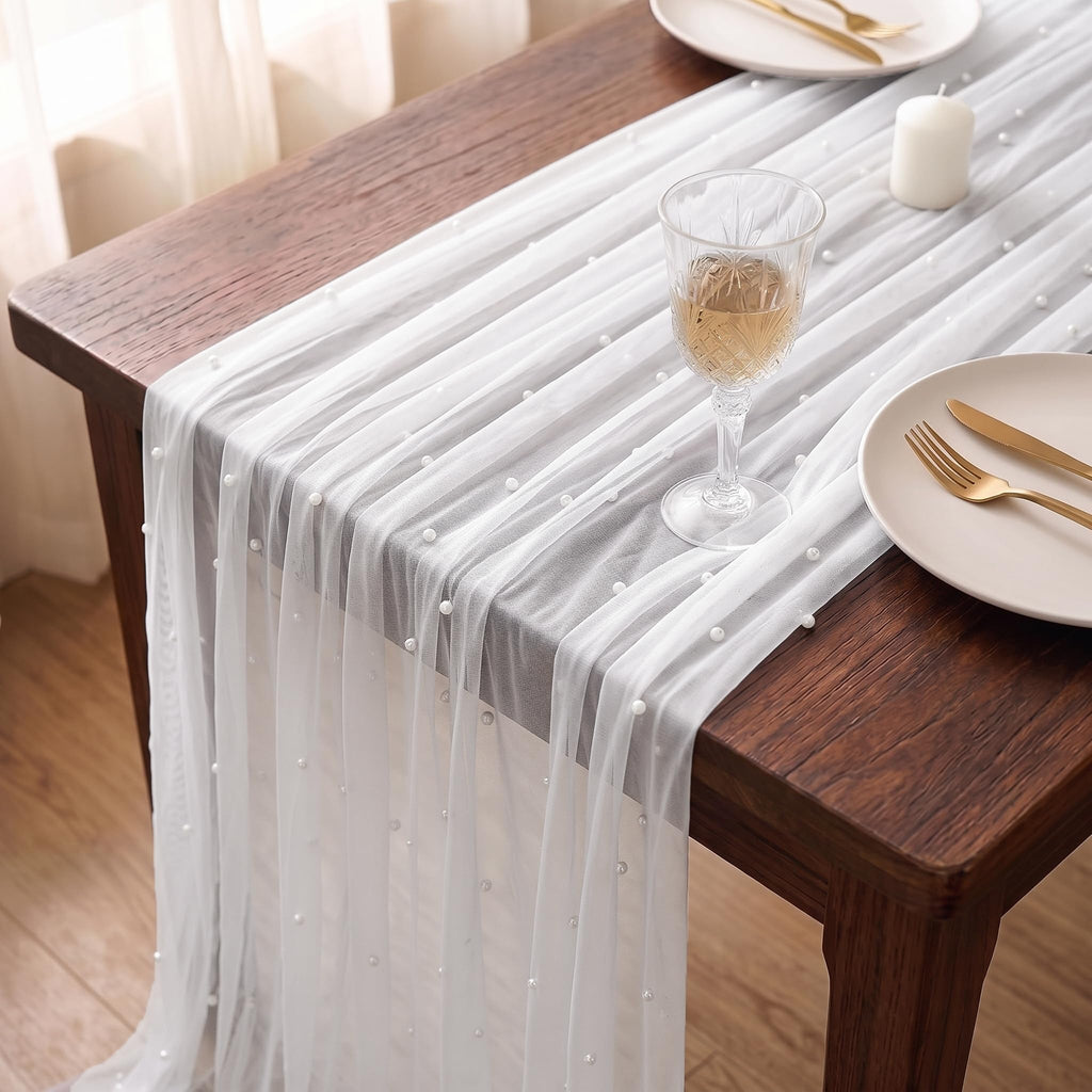 WELTRXE Pearl Table Runner 120 Inch 10FT, White Gauze Table Runners, Rustic Boho for Holiday Wedding Decor, Home Party ,Baby Shower, Birthday Party
