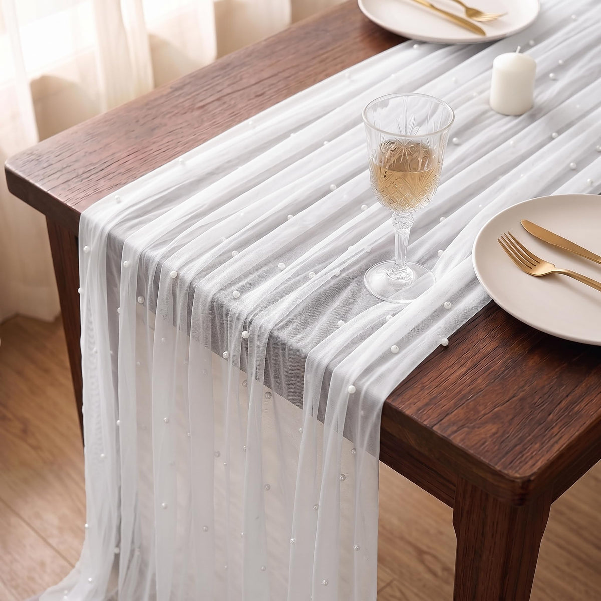 WELTRXE Pearl Table Runner 120 Inch 10FT, White Gauze Table Runners, Rustic Boho for Holiday Wedding Decor, Home Party ,Baby Shower, Birthday Party