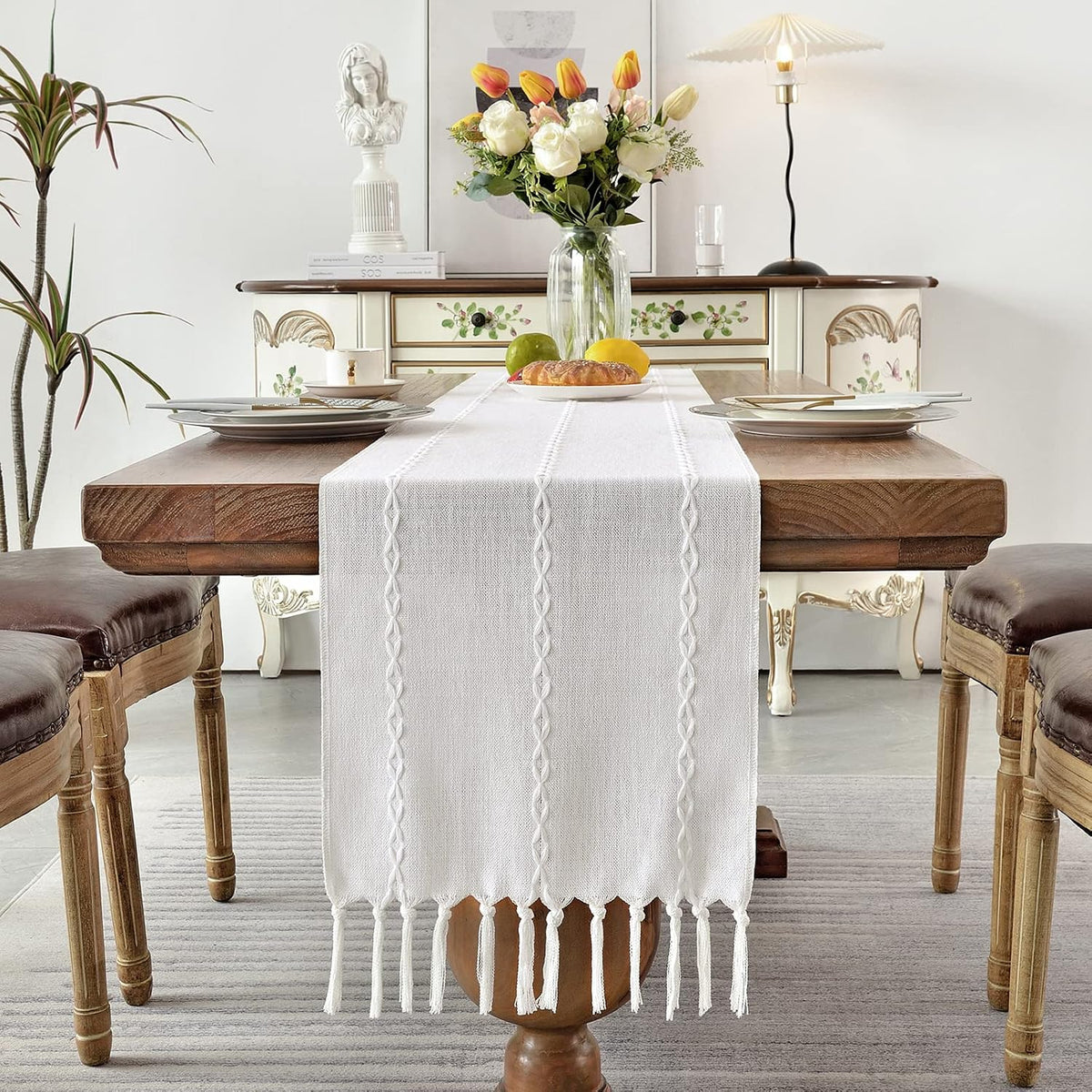 Wracra Rustic Linen Table Runner, White Table Runners 72 inches Long