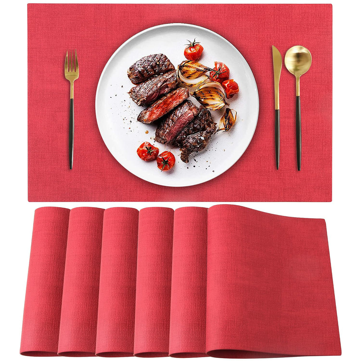 Leather Heat Resistant Placemats Set of 6 Waterproof Wipeable Washable PU Table Mats,Easy to Clean Anti-Slip (6, Blue)