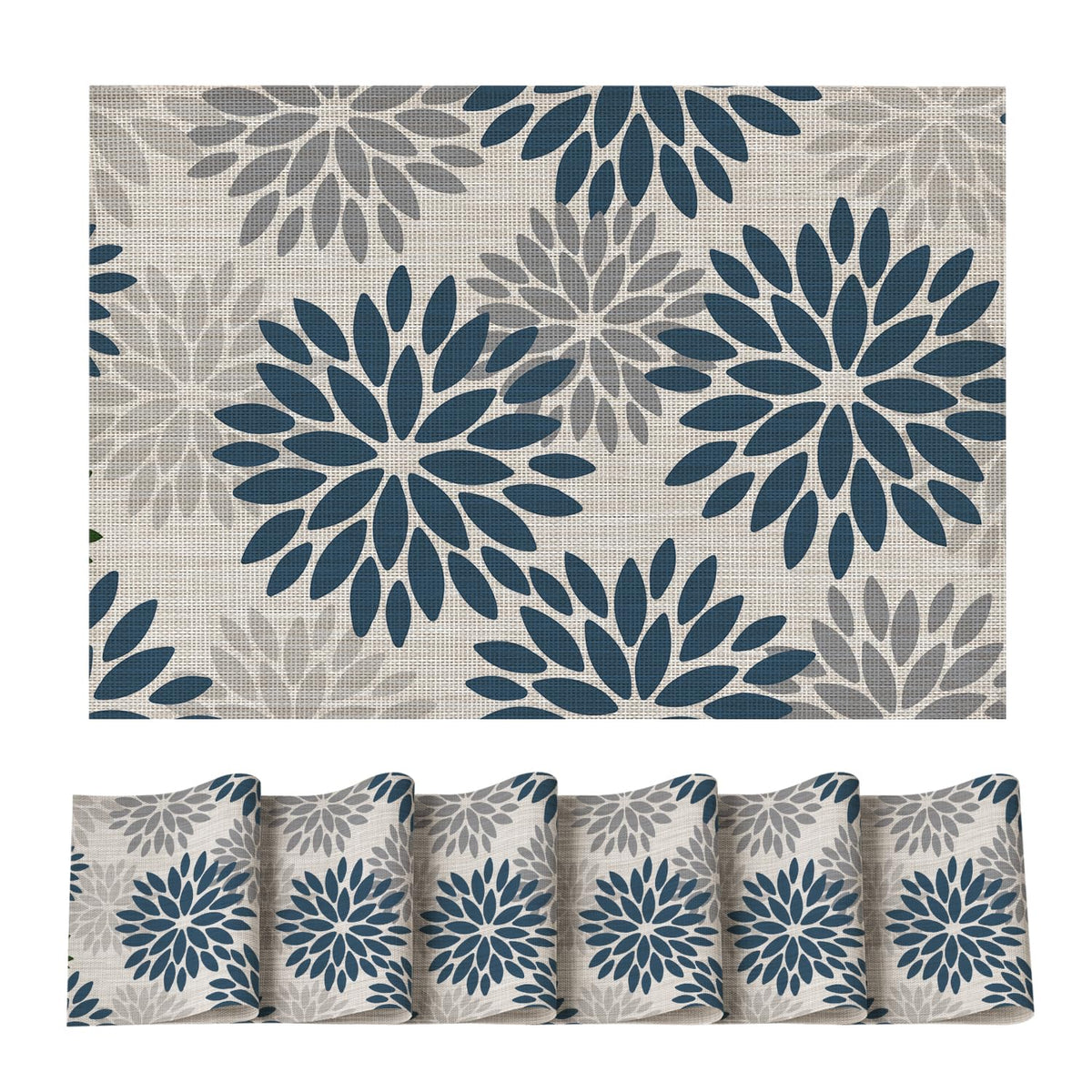 Artoid Mode Floral Vinyl Plistic Placemats Set of 6, Heat Resistant Washable Non-Slip PVC Place Mats for Party Kitchen Dining Decor, Blue Grey