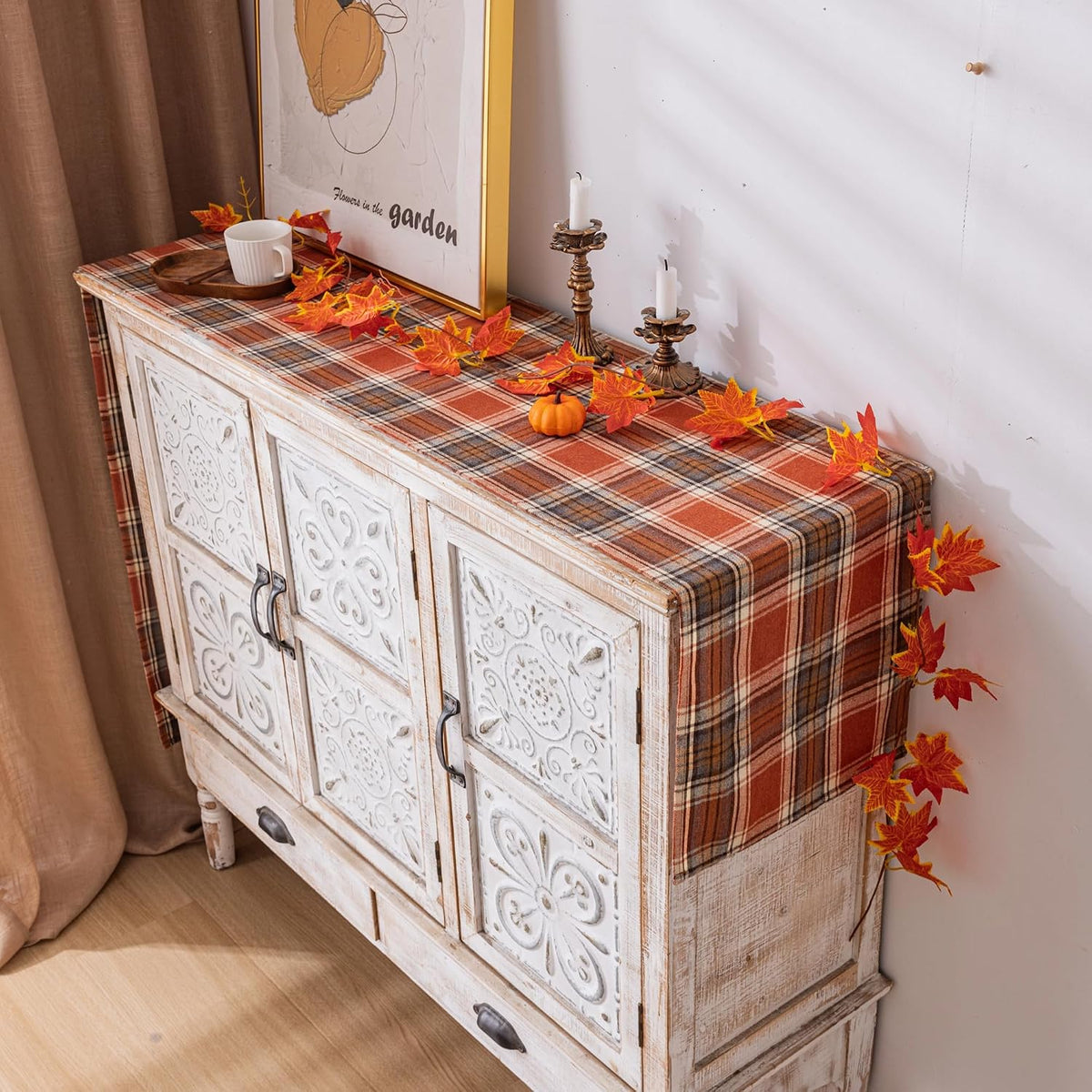 AQOTHES Plaid Fall Thanksgiving Rust Orange Table Runners 36 inches Long