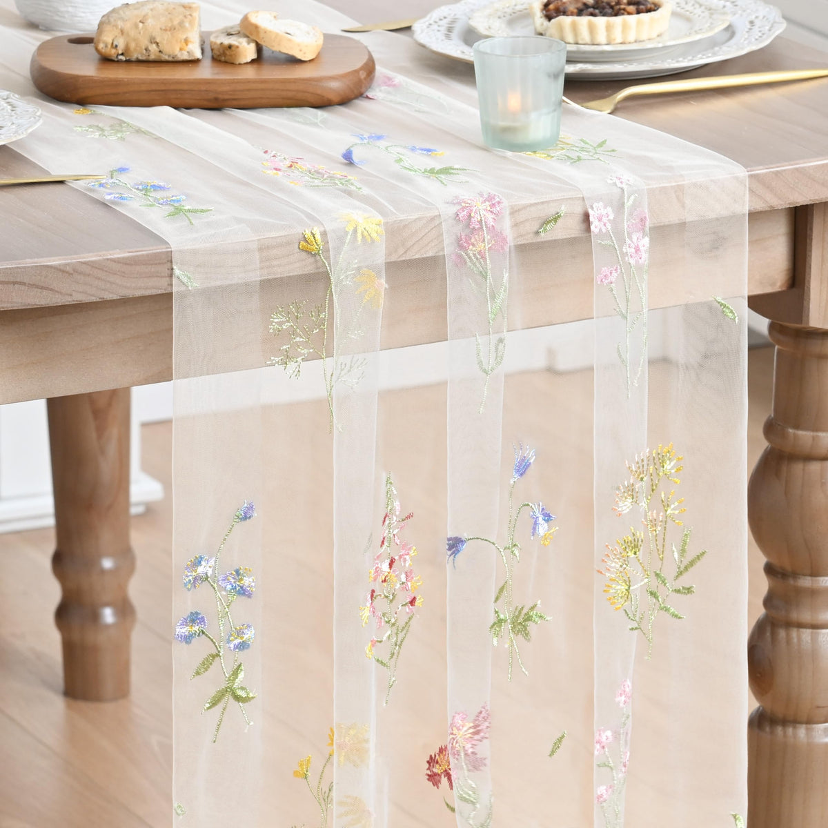 Artoid Mode Floral Apricot Gauze Embroidery Table Runner 120 Inch 10FT