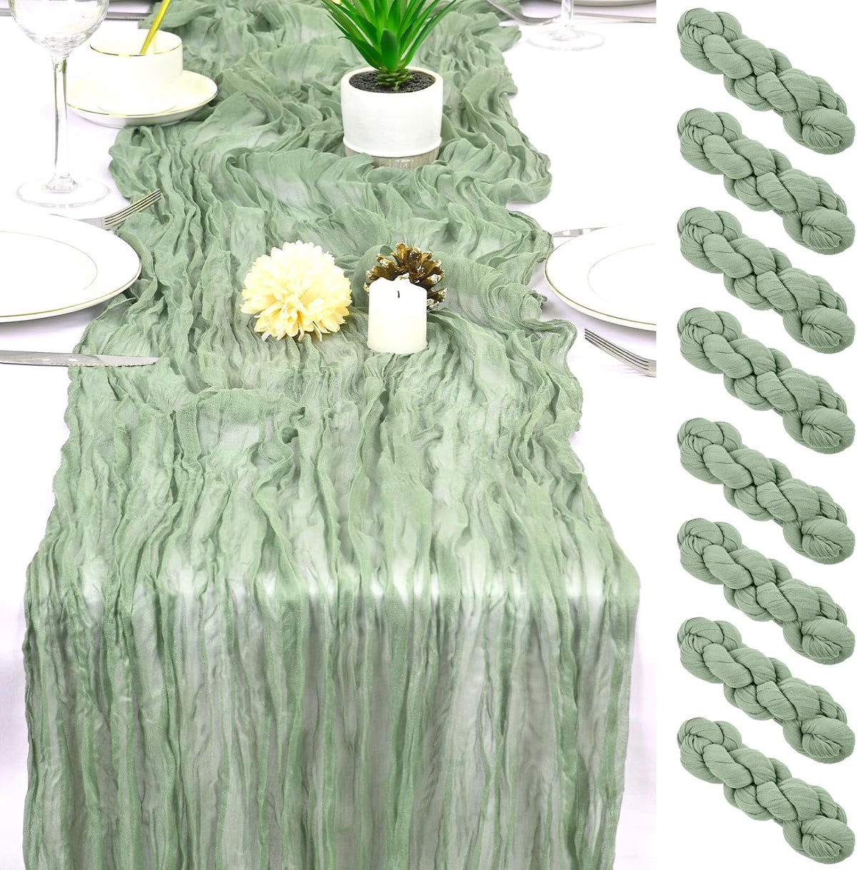8 Pack Sage Green Cheesecloth Table Runner 17x108 inch Boho Gauze Cheese Cloth Table Runners for Wedding Party Baby Bridal Shower Home Decor