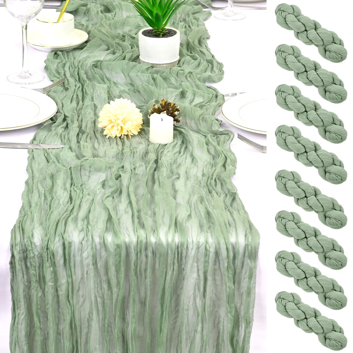 8 Pack Sage Green Cheesecloth Table Runner 17x108 inch Boho Gauze Cheese Cloth Table Runners for Wedding Party Baby Bridal Shower Home Decor