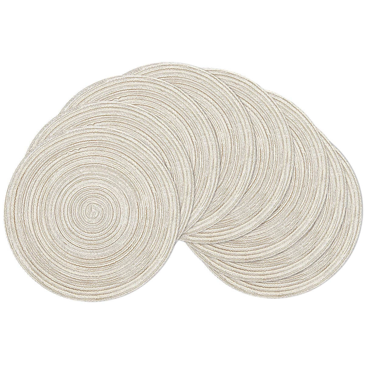 SHACOS 15 inch Round Placemats Set of 6, Cotton Polyester Woven Braided Place Mats, Washable Heat Resistant Circle Table Mats for Dining Table (Beige, 6)
