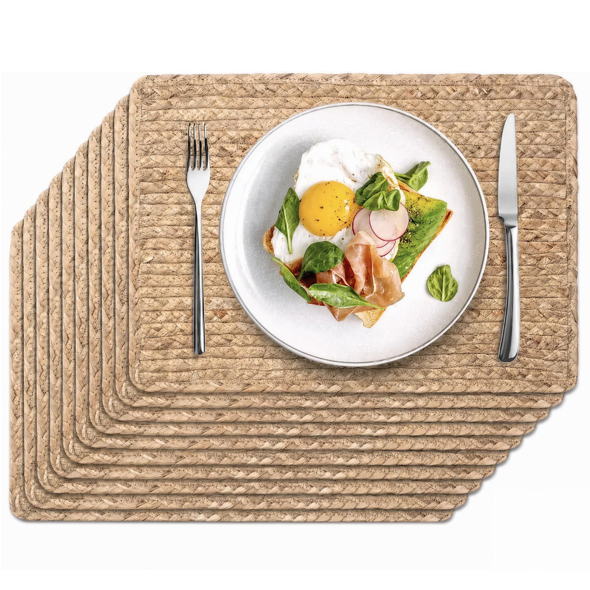 Woven Placemats Set of 6, 17" x 12" Rattan Table Mats, Natural Water Hyacinth Chargers for Dinner Plates, Wicker Placemats for Dining Table, Home, Wedding
