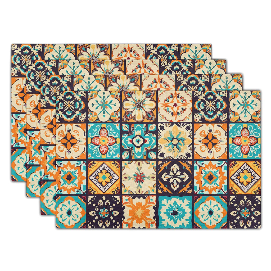 Blue Floral Branches Placemats Set of 4 ，12 x 18 Inch Chinoiserie Table Mats Washable Heat Resistant Linen Fabric Rectangle Place Mat for Indoor Outdoor Kitchen Dining Home Decor