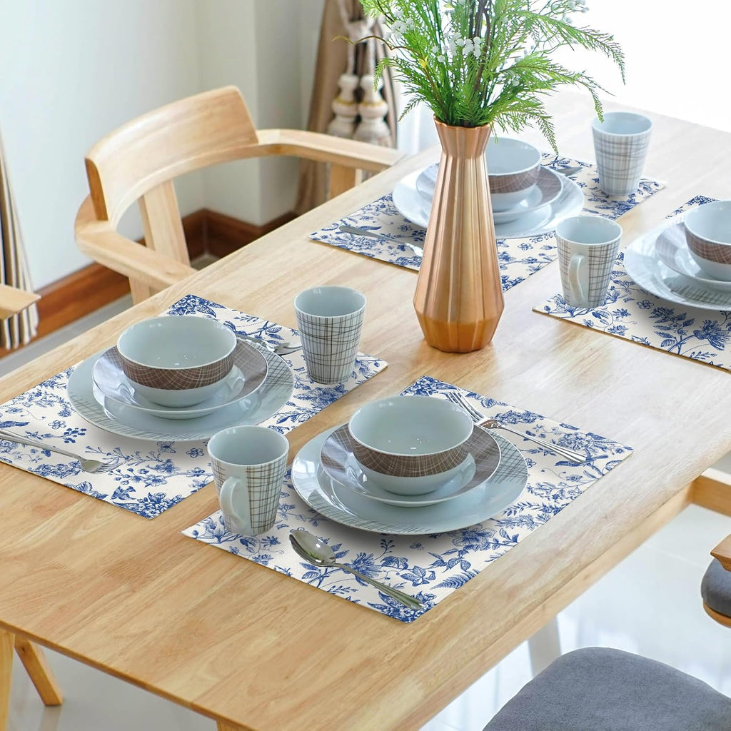Kawani Blue White Floral Placemats Set of 4 Spring Summer Flower Branches Place Mats 12x18 Inch Chinoiserie Table Mats for Home Kitchen Party Decor