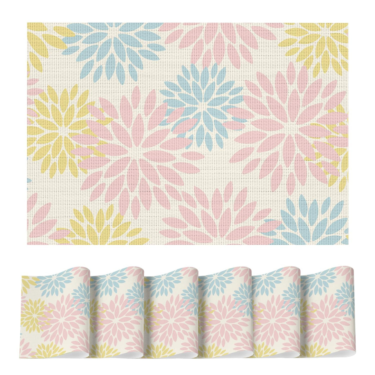 Artoid Mode Floral Vinyl Plistic Placemats Set of 6, Heat Resistant Washable Non-Slip PVC Place Mats for Party Kitchen Dining Decor, Blue Grey