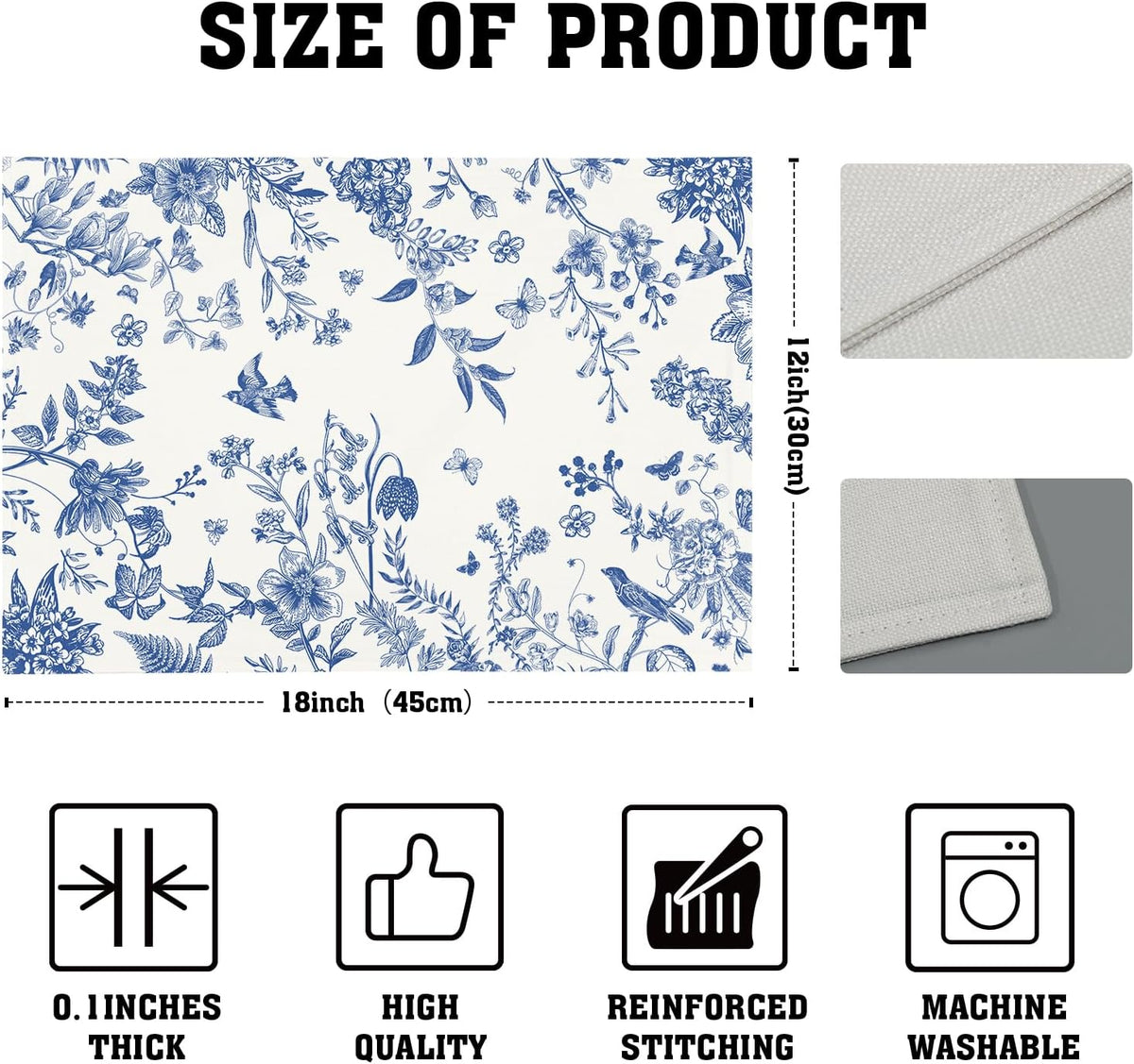 Kawani Blue White Floral Placemats Set of 4 Spring Summer Flower Branches Place Mats 12x18 Inch Chinoiserie Table Mats for Home Kitchen Party Decor