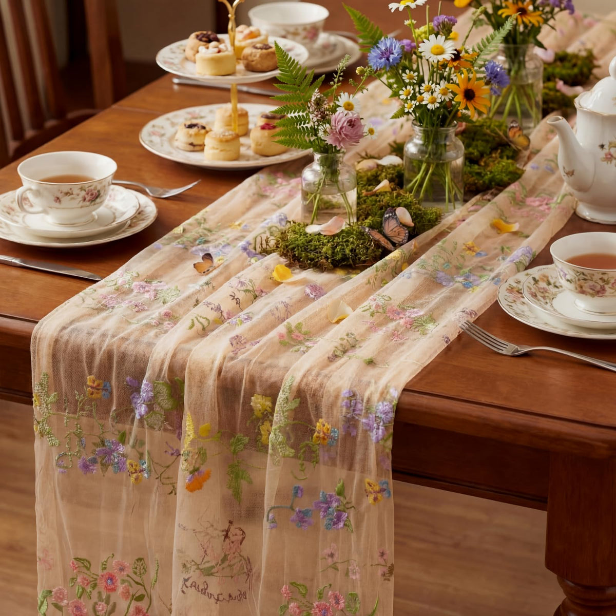 Ivory White Floral Table Runner 10ft Embroidery Tulle Wildflower