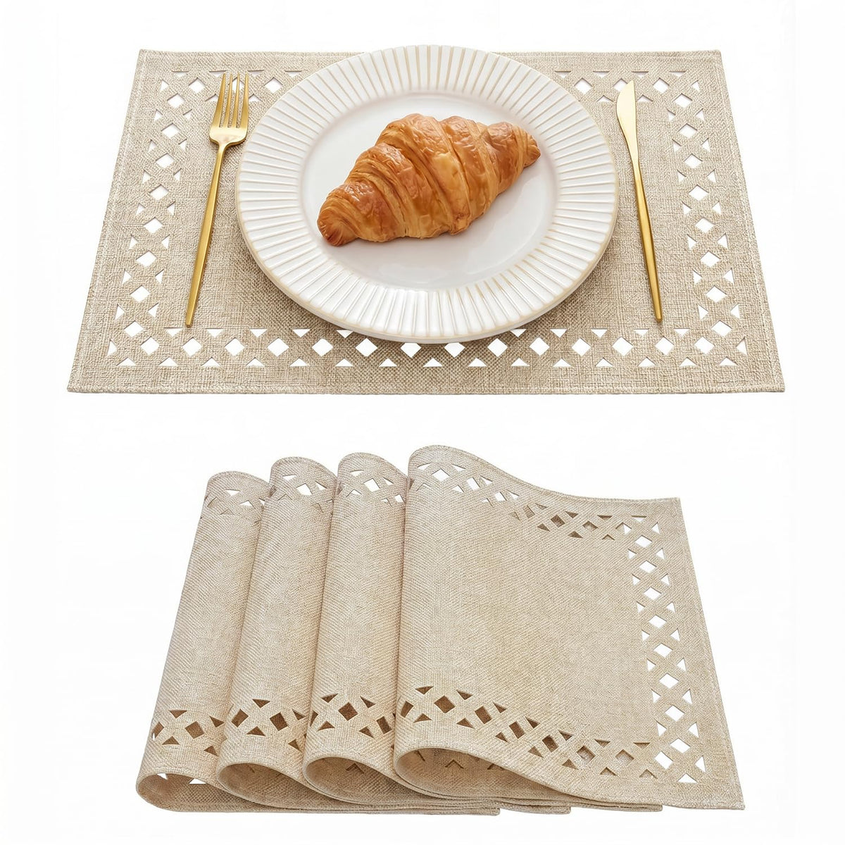 Artoid Mode Farmhouse Placemats Set of 4, Linen Textured Lattice Cutwork Place Mats for Kitchen Dining Table Decor and Outdoor Party, 12 x 18 Inchs, Sage Green