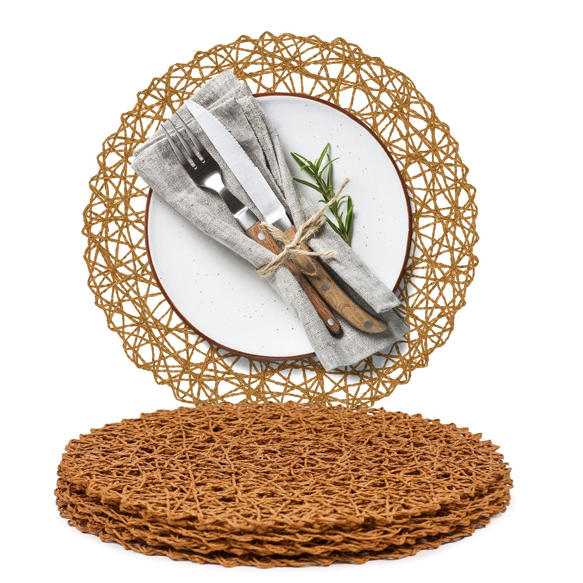 AHHFSMEI Paper Braided Round Placemats Set of 12 Natural Non-Slip Heat Resistant Table Mats for Dining Tables Woven Indoor & Outdoor Place mats(Brown,12)