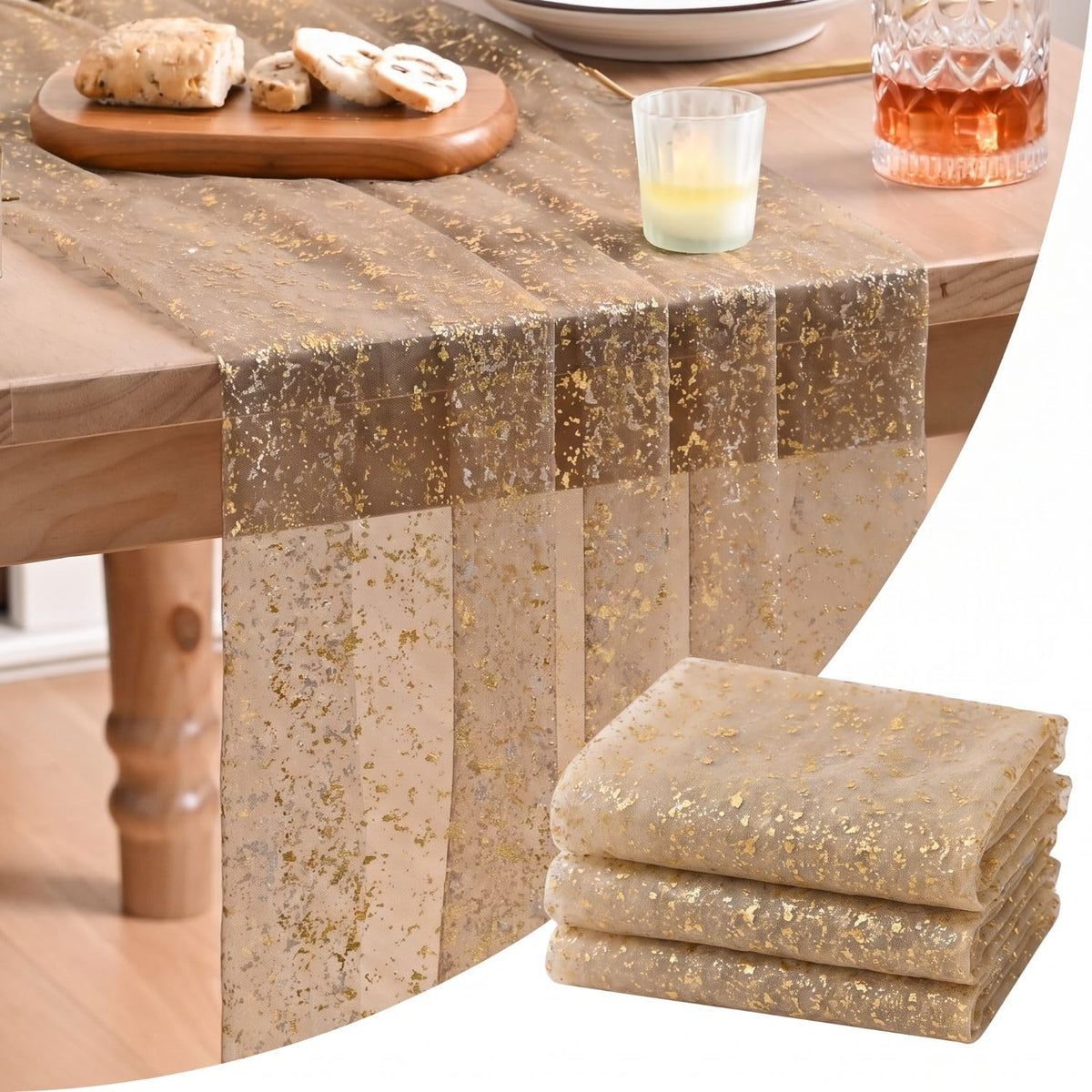 Artoid Mode 6Pcs Beige Gold Gauze Table Runner 120 Inch 10FT, Glitter Metallic Foil Sheer Dining Wedding Anniversary Holiday Birthday Table Decor for Home Party