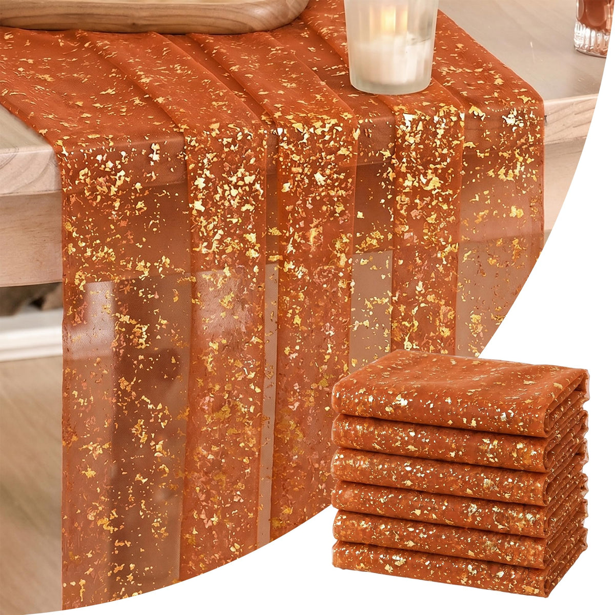 Artoid Mode 6Pcs Beige Gold Gauze Table Runner 120 Inch 10FT, Glitter Metallic Foil Sheer Dining Wedding Anniversary Holiday Birthday Table Decor for Home Party