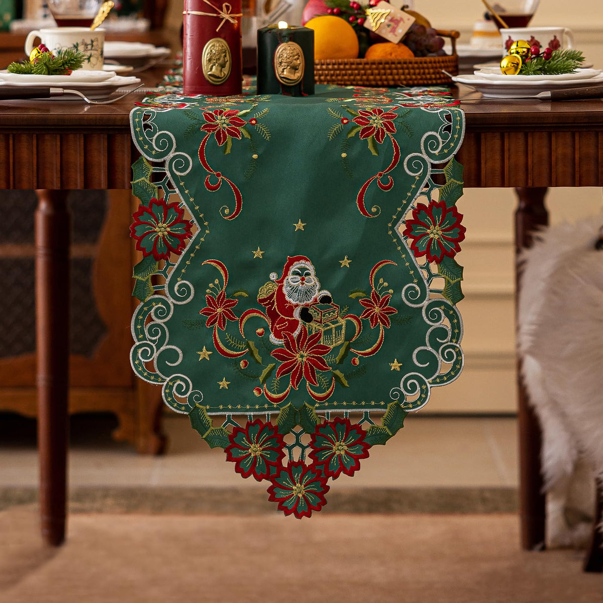 Joyfol Day Fall Thanksgiving Table Runner 14 x 33 Inches, Cutwork Embroidered Brown Maple Leaves Table Runners, Autumn Rust Dresser Scarf for Harvest Party Dinner Seasonal Decoration