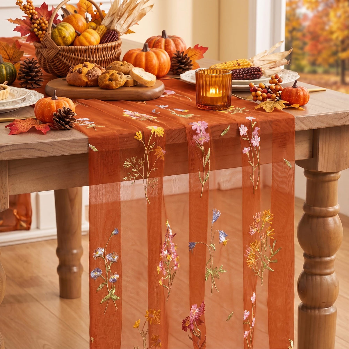 Artoid Mode Floral Apricot Gauze Embroidery Table Runner 120 Inch 10FT