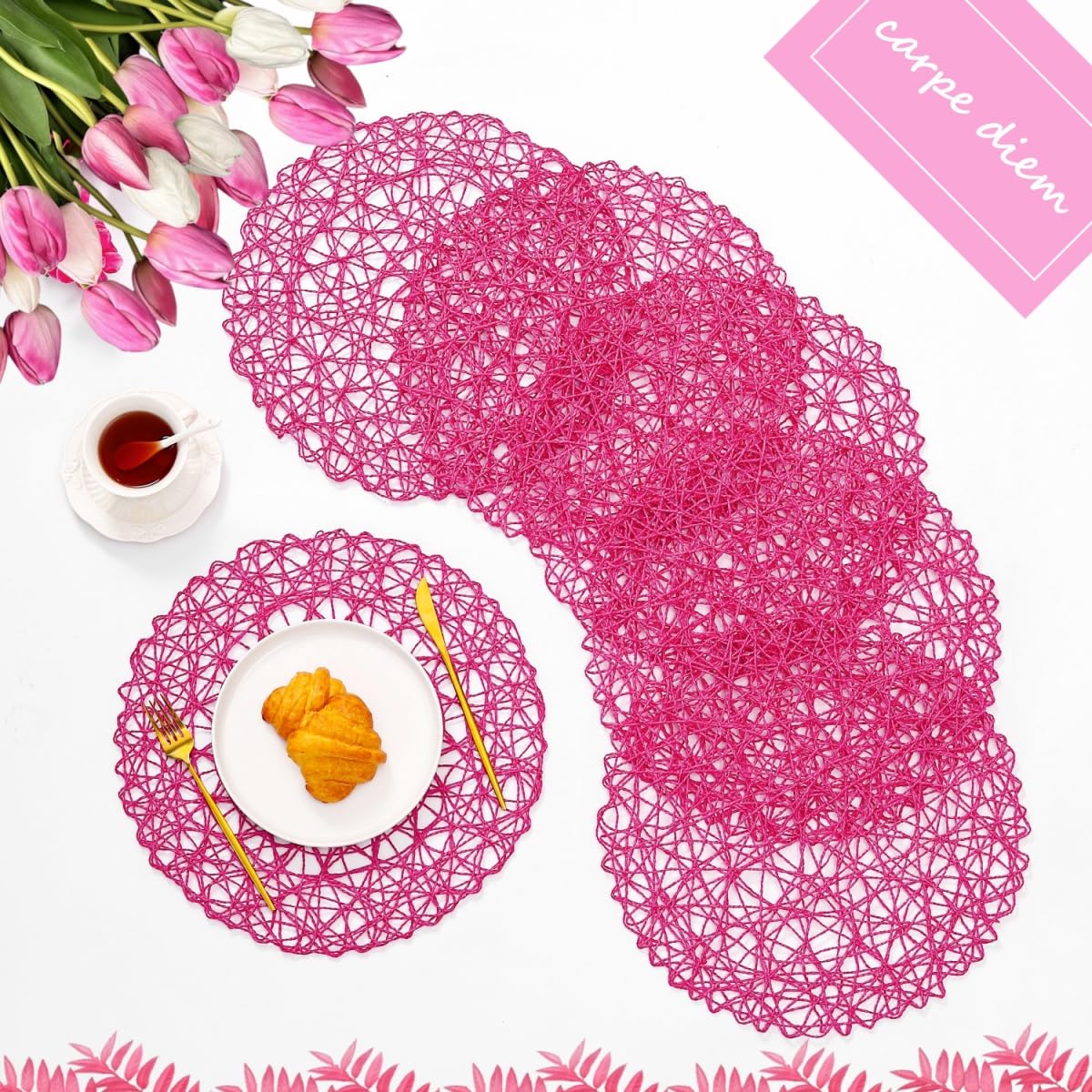 IcosaMro Brown Round Placemats Set of 12 for Dining Table, 13 Inches Paper Woven Boho Small Decorative Circle Place Mat for Wedding Christmas Thanksgiving Day Holiday Dinner, Light Coffee Brown