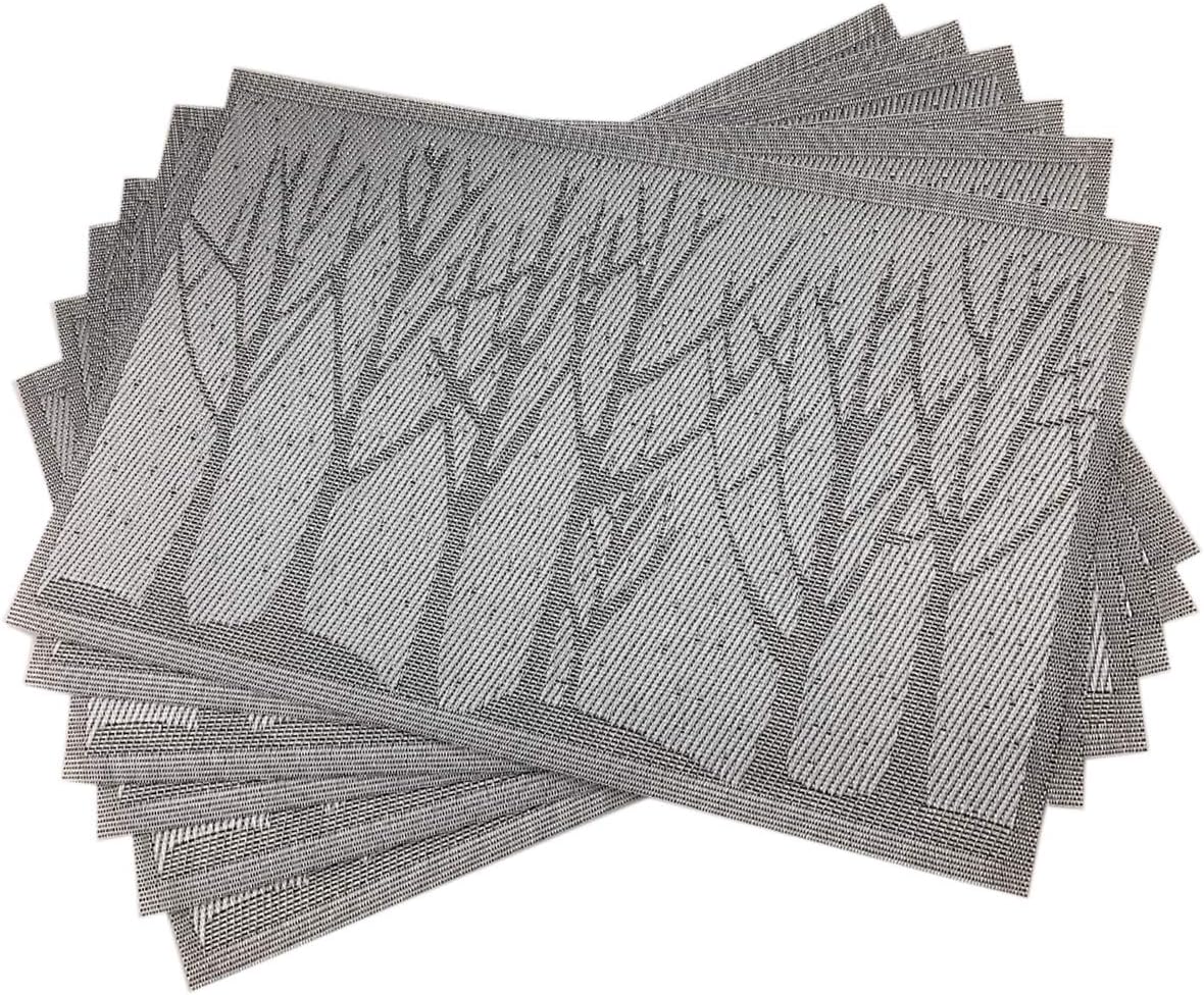 Place Mats PVC Set of 6, Table Placemats Set of 6 PVC Woven Vinyl Place Mats Table Mats Natural Color (6 pcs, Silver Tree)