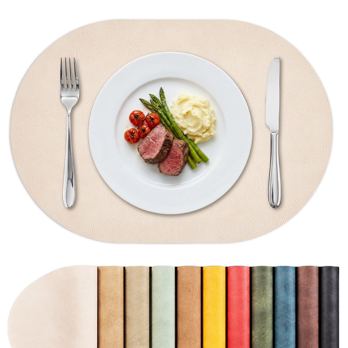 MOSAYT Vinyl Faux Leather Oval Placemats, Set of 6, Reddish Brown