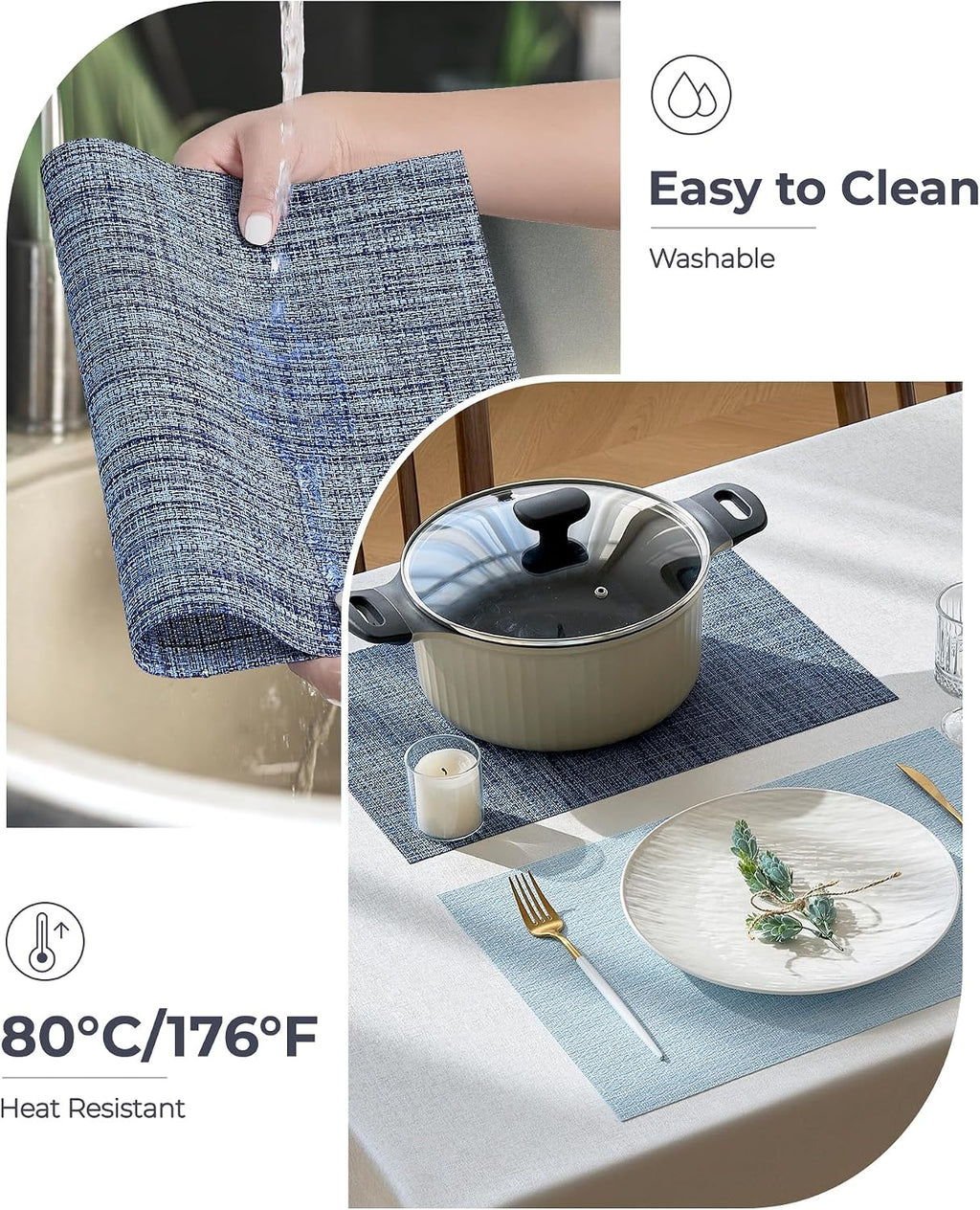 Leetaltree Deep Navy Woven Placemats Set of 6 - Heat Resistant Non-Slip Place mats for Dining Table, Washable Durable PVC Vinyl Woven Table Mats(Deep Navy, 6)