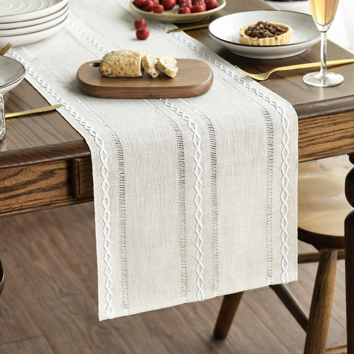 Artoid Mode Brown Rustic Cotton Linen Table Runner, Seasonal Embroidered Hollow Kitchen Dining Table Decoration for Home Party Decor 13x90 Inch