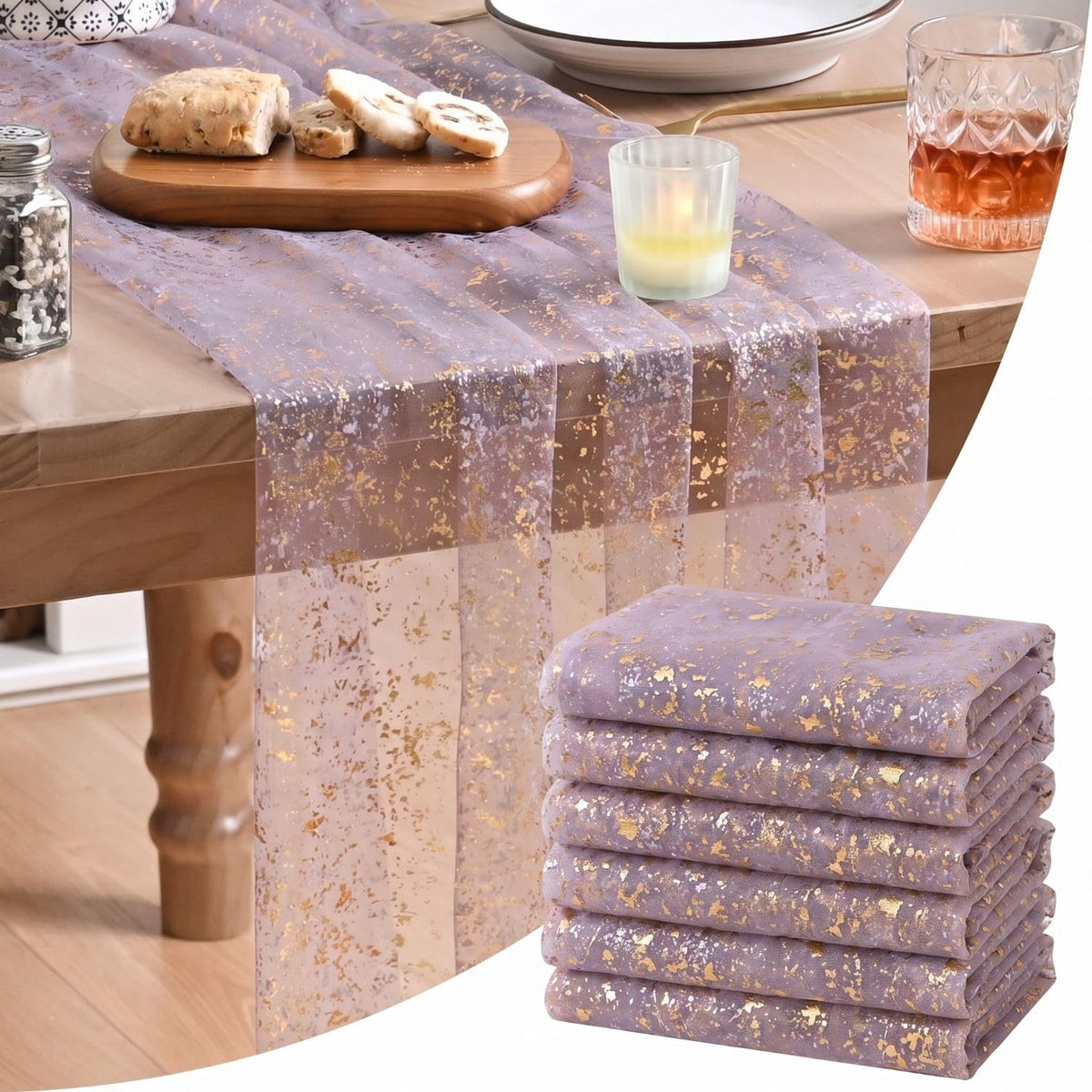 Artoid Mode 6Pcs Beige Gold Gauze Table Runner 120 Inch 10FT, Glitter Metallic Foil Sheer Dining Wedding Anniversary Holiday Birthday Table Decor for Home Party