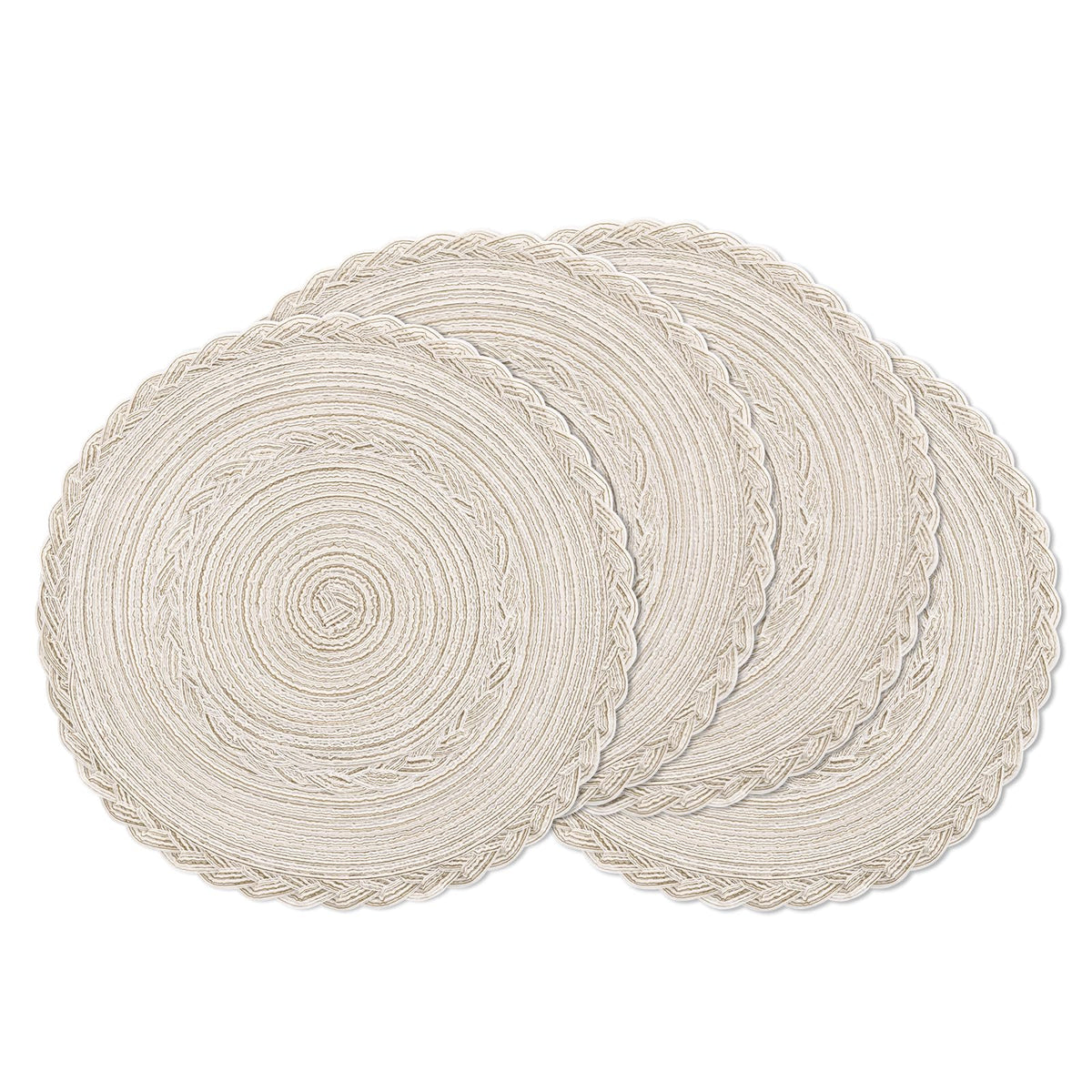 SHACOS 15 inch Round Placemats Set of 6, Cotton Polyester Woven Braided Place Mats, Washable Heat Resistant Circle Table Mats for Dining Table (Beige, 6)