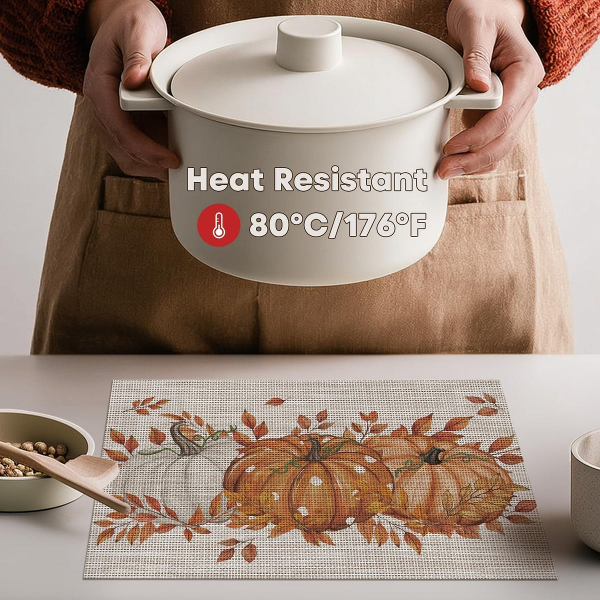 Artoid Mode Pumpkins Leaves Fall Vinyl Placemats Set of 4, Wipeable Colorful Printing PVC Place Mats for Party Kitchen Dining Decor, Beige