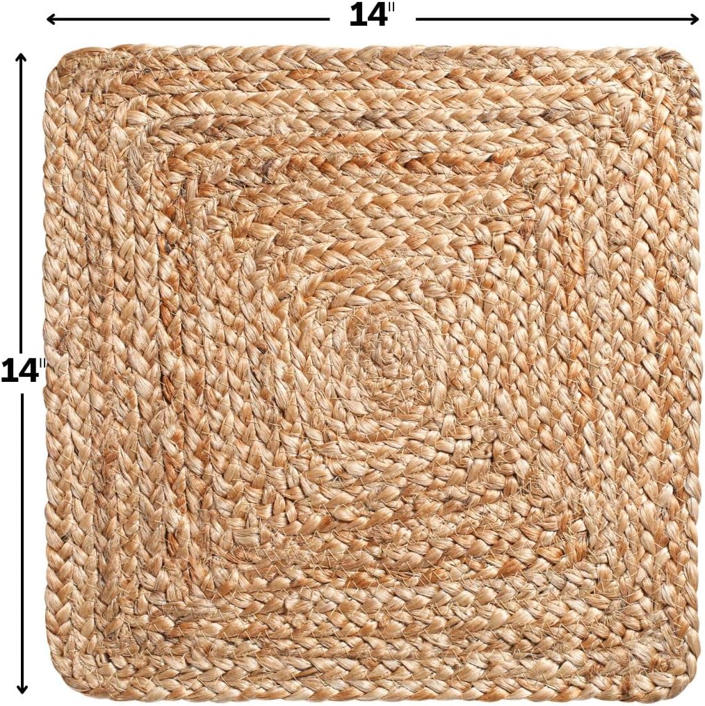 Jute Braided Placemats Set of 4 Reversible, 100% Jute, Nonslip 14x14 inch Square Farmhouse Vintage Jute Placemats for Dining Table, Perfect for Indoor Outdoor, Natural