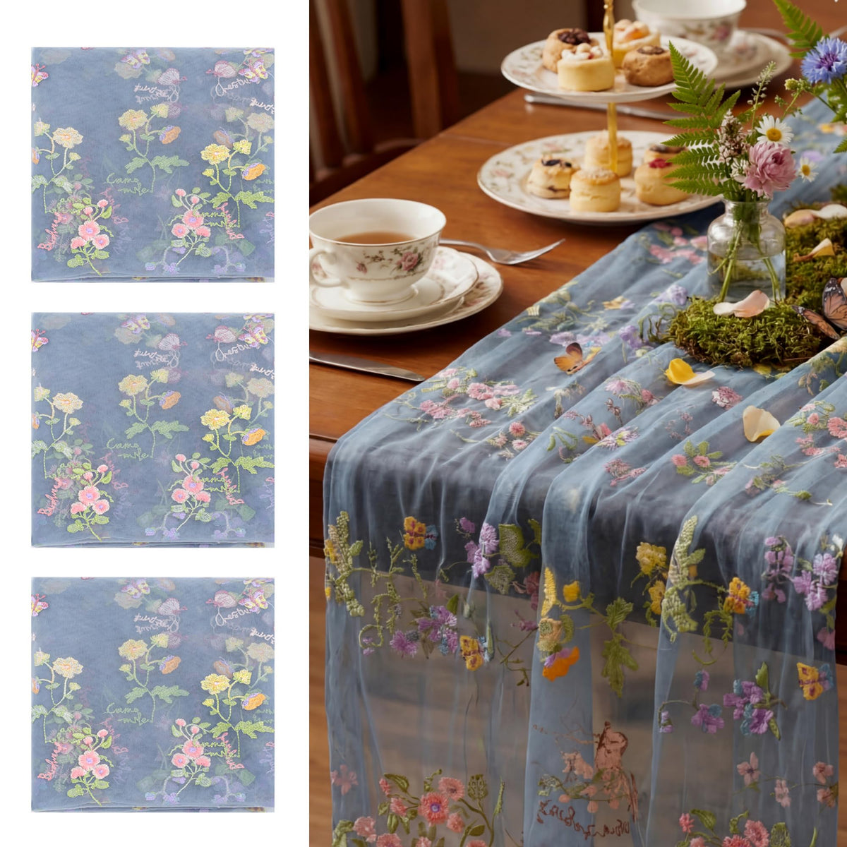 Ivory White Floral Table Runner 10ft Embroidery Tulle Wildflower