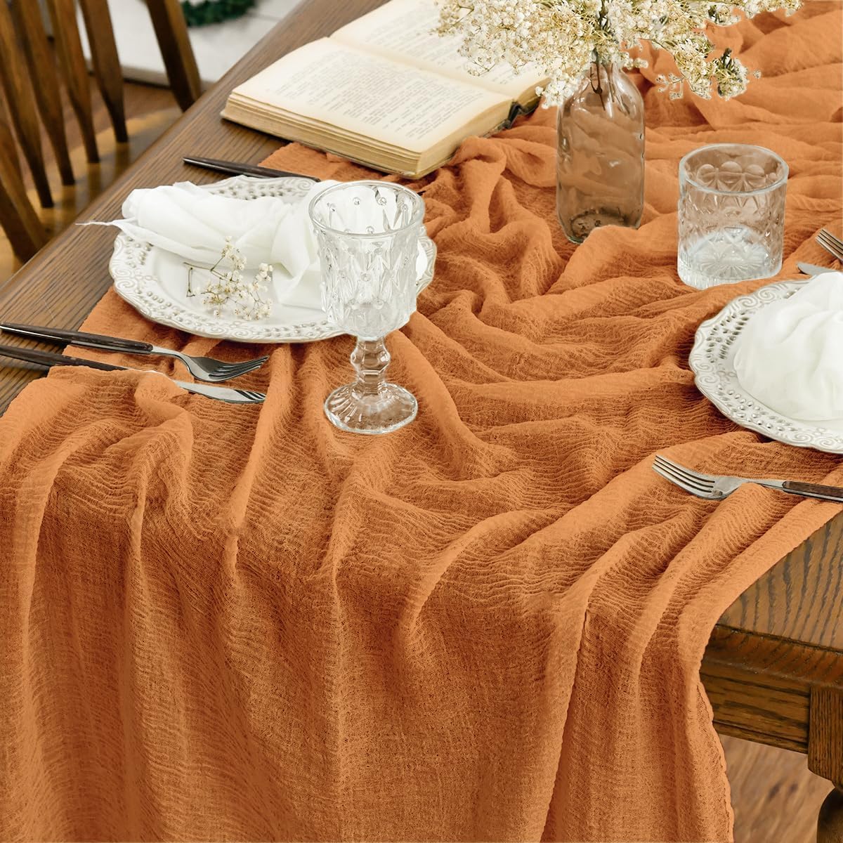 Artoid Mode Boho Forest Green 10Pcs Cheesecloth Gauze Table Runner, 120 Inch Seasonal Fabric Kitchen Dining Holiday Table Decor for Home Party Indoor
