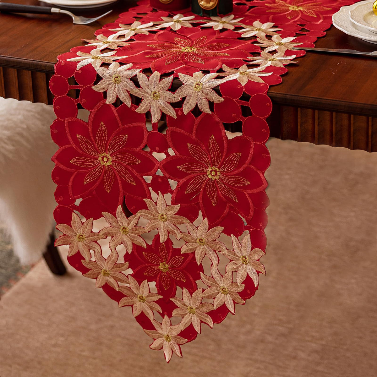 Joyfol Day Fall Thanksgiving Table Runner 14 x 33 Inches, Cutwork Embroidered Brown Maple Leaves Table Runners, Autumn Rust Dresser Scarf for Harvest Party Dinner Seasonal Decoration